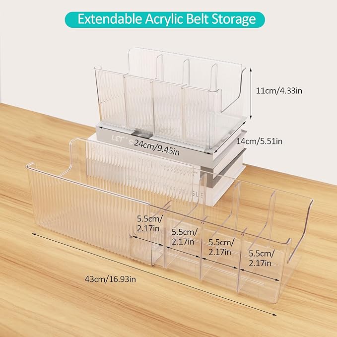 Clear Belt Organizer Extendable, 2 Pack Acrylic Belt Storage Holder with Adjustable Dividers, Belts Storage Container for Drawer and Closet Organization