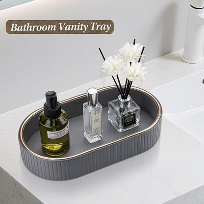 GORESE PU Leather Valet Tray Perfume Organizer, Oval Jewelry Trays Nightstand Organizer Key Bowl Trinket Dish for Dresser Bedside, Vanity Tray for Bathroom, EDC Trays for Men Women, 11×5.9 in, Gray