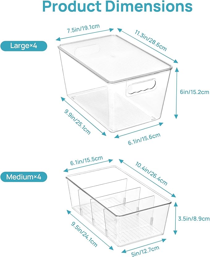 Vtopmart 8 Pack Clear Plastic Storage Bins Set, 4 Large Pantry Organizer Bins with Lids & Handles and 4 Medium Snack Organizer Bins with 4-Compartment for Pantry, Kitchen, Fridge, Cabinet Organization