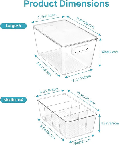 Vtopmart 8 Pack Clear Plastic Storage Bins Set, 4 Large Pantry Organizer Bins with Lids & Handles and 4 Medium Snack Organizer Bins with 4-Compartment for Pantry, Kitchen, Fridge, Cabinet Organization