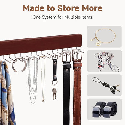 StorageWorks Tie Rack with 20 Hooks, 2-Pack Wall-Mounted Wooden Hangers for Neckties, Belts, Hats, Dark Cherry Color