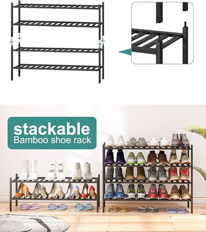 viewcare Black Shoe Rack, 2-Tier Long Shoe Rack for Entryway, Bamboo Wood Shoe Shelf for Closet & Hallway, Long 33IN | Beautiful | Functional | Sturdy | Durable