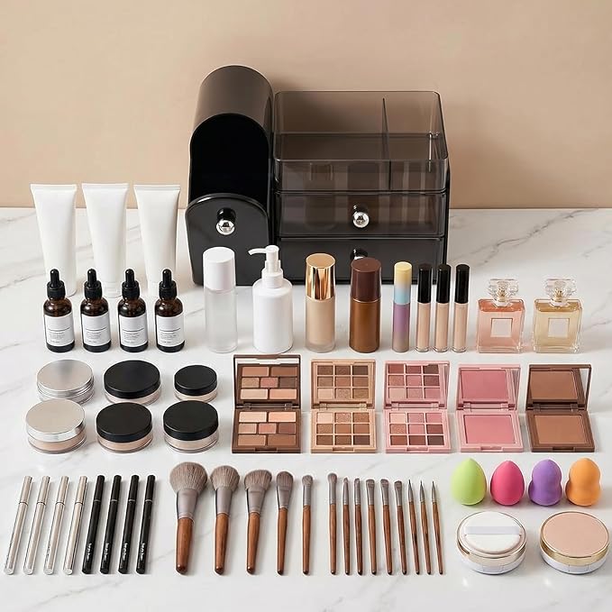 Makeup Organizer with Dustproof Brush Holder, Large Capacity Skincare & Cosmetic Storage for Vanity, 3-Tier Bathroom Countertop Organizer with Drawers for Perfume, Lipstick, Mask, Ideal Gift (Black)