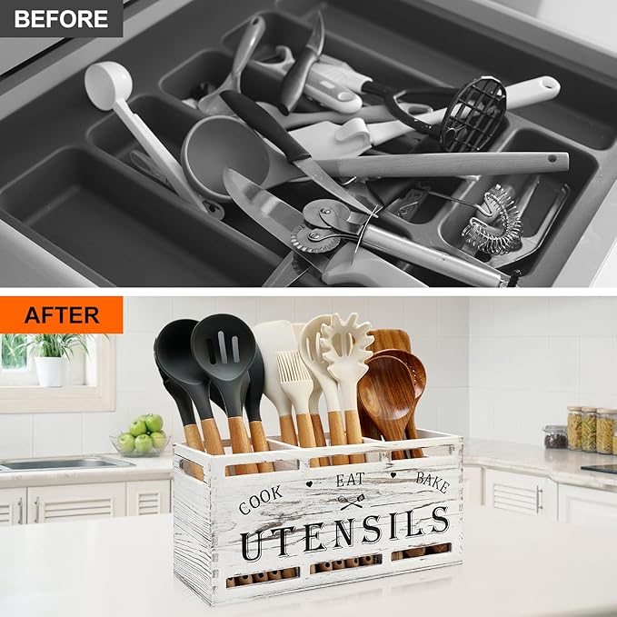 Wood Large Utensil Holder for Kitchen Counter Spatula Holder Cooking Utensils Organizer Farmhouse Utensil Caddy Rustic White Kitchen Decor Tools Gift Wooden Countertop Cutlery Caddy Spoon Holder