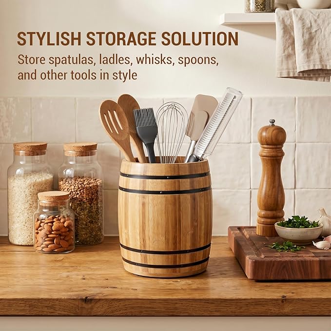 MyGift Wine Barrel Design Kitchen Utensil Crock, Light Brown Solid Bamboo Wood Cooking Tool Holder