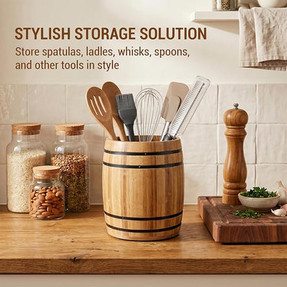 MyGift Wine Barrel Design Kitchen Utensil Crock, Light Brown Solid Bamboo Wood Cooking Tool Holder