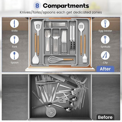 Caperci Large Silverware Organizer for Kitchen Drawer & Utensils - Expandable Drawer Organizer for Cutlery, Flatware & Gadget, BPA-Free Thick Plastic, Wider Compartments & Non-skid Feet (Medium Gray)