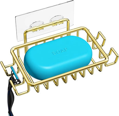 Nieifi Bar Soap Holder for Shower Wall with 4 Hooks, Stainless Steel Adhesive Soap Dish for Bathroom, Golden