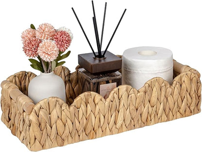 Kriitools Wicker Bathroom Basket Tray Organizer w/Scalloped for Toilet Paper, Small Rattan Decorative Basket for Bathroom Decor, Farmhouse Home Decor, Living Room and more, Natural Water Hyacinth