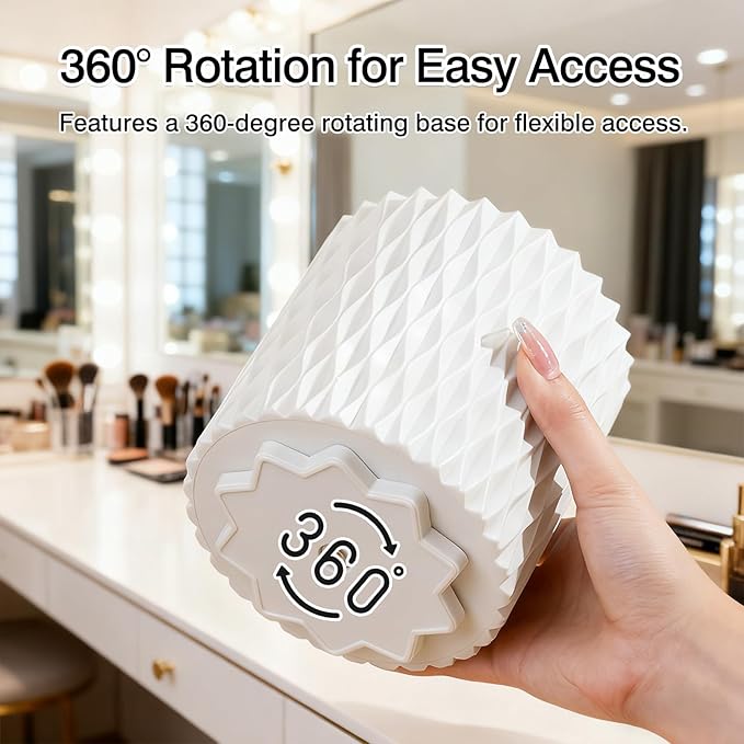 360° Rotating Makeup Brush Holder Organizer – Large Capacity 5-Compartment Cosmetic Storage for Vanity, Dresser & Bathroom (White)