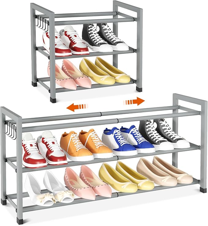 Expandable Shoe Rack for Closet Adjustable Metal Shoe Rack for Entryway 18.5"-33" Free Standing Shoe Organizer 12 Pairs with Hooks 3-Tier Small Shoe Shelf for Bedroom Garage Dorm Floor, Grey