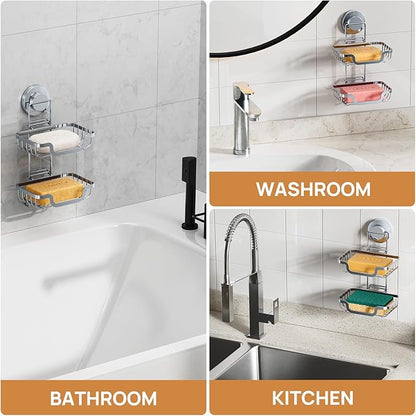 LEVERLOC Double Layer Soap Dish, Bar Soap Holder for Shower Wall, Vaccum Suction Cup Sponge Holder for Bathroom Tub Kitchen Sink, Stainless Steel, Waterproof, Removable, Silver