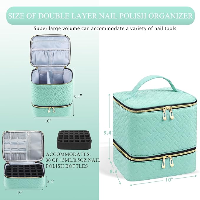 Nail Polish Organizer, Nail Polish Storage Holds 30 Bottles & Nail Lamp, Double Layer Nail Bag Organizer Case, Portable Nail Polish Holder for Nail Tech Travel & Manicure Kit