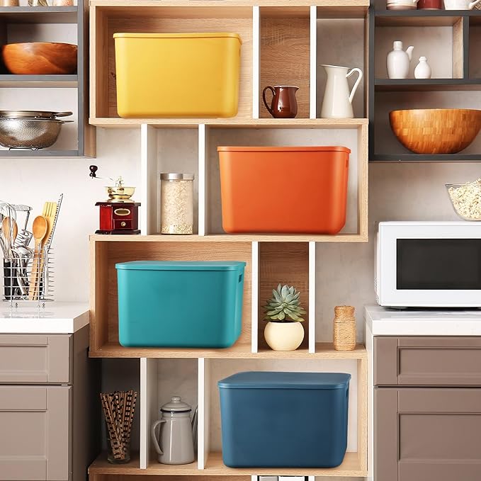 Hoolerry 8 Pieces Colorful Storage Bins with Lid, Plastic Storage Basket Organizing Container Stackable Box with Handle for Shelves Desktop Playroom Office(14.2 x 10.2 x 9.5 Inch,Multi-colored)