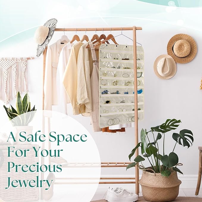 Flexzion Hanging Jewelry Organizer with Zippered Pockets - (1 Pack) Beige Closet Jewelry Organizer Storage with Hanger, 56 Pockets Dual Sided Earring Organizer Hanging for Bracelet, Watches, Ring