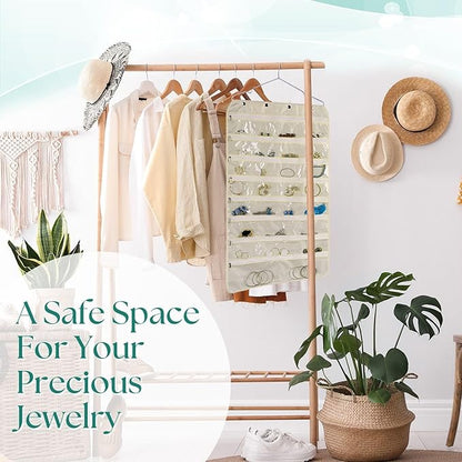 Flexzion Hanging Jewelry Organizer with Zippered Pockets - (1 Pack) Beige Closet Jewelry Organizer Storage with Hanger, 56 Pockets Dual Sided Earring Organizer Hanging for Bracelet, Watches, Ring