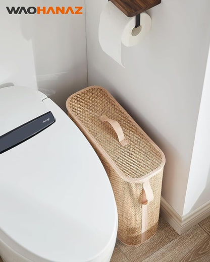 Bamboo Toilet Paper Storage Basket with Lid & Handle - 32L Large Capacity Handwoven Bathroom Organizer for 16 Rolls - Sturdy Stand Holder for Toilet Paper Organization, Carbon Brown