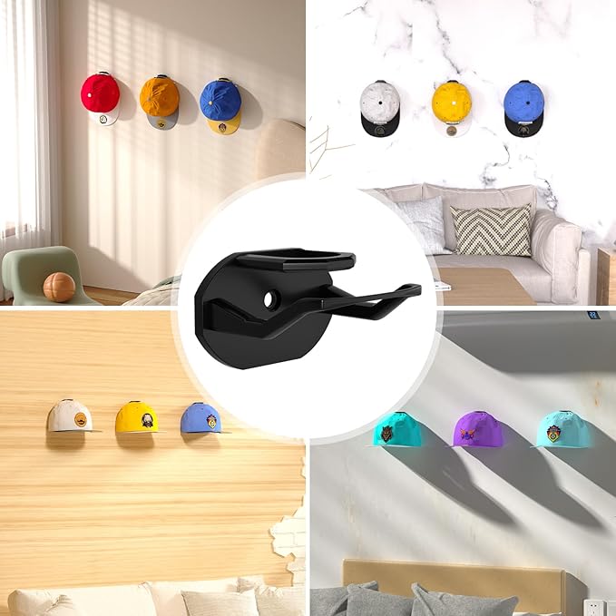Niunuerga 22 Pack Adhesive Hat Hooks for Wall, Super Strong Hat Rack for Baseball Caps, Hat Organizer Display for Home Decor, Hat Hangers Holder for Wall, Door, Closet, No Drilling (Black)