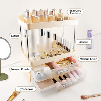 DASITON 4 Tiers Makeup Organizer, 2 Drawers Large Cosmetic Organizers for Vanity Bathroom Countertop, Bathroom Organizers and Storage for Skincare, Cosmetic, Perfume, Dresser Organizer (Cream+Clear)