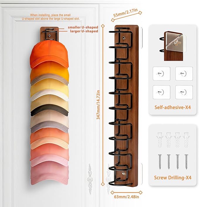 2 Pack Hat Organizer for Baseball Caps, Wood & Metal Hat Rack for Wall, Hat Storage for 22 Caps with Strong Adhesive/Wall Drilled for Door, Wall and Closet (Brown)