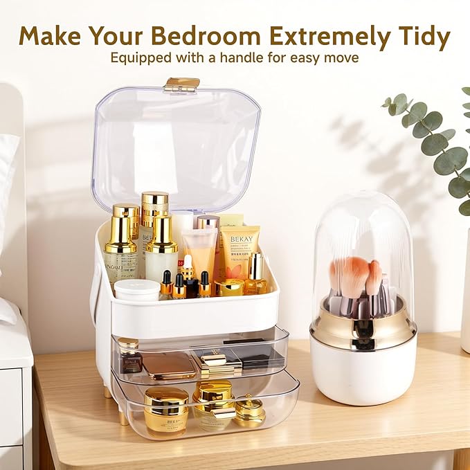Makeup Organizer with Drawers-Cosmetic Display Case for Vanity-Skincare Organizer with 360 Rotating Brush Holder,Large Storage Box Dresser for Women Gifts, Bathroom Countertop,Gold