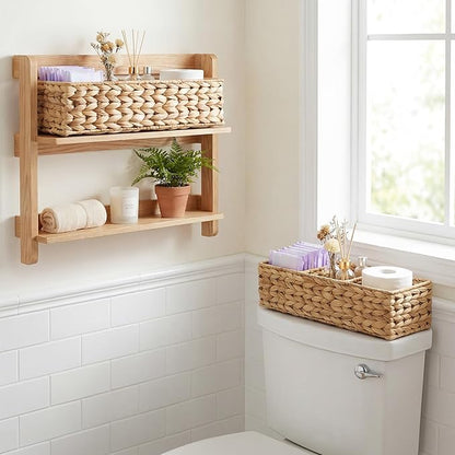 StorageWorks Toilet Paper Baskets for Shelves, 3-Section Large Wicker Baskets Storage, Water Hyacinth Back of Toilet Basket for Organizing Tank Topper, Living Room Decor, 2 Pack