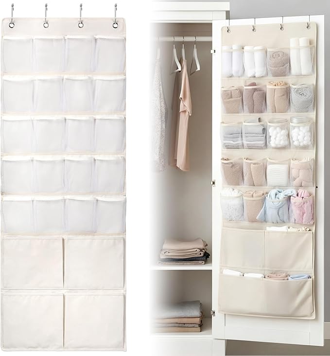 SATINIOR 19 x 51 Inch Canvas over The Door Closet Organizer with 20 Mesh Pockets 4 Large Pockets Multifunctional Closet Hanging Storage Organizer with Hooks for Pantry Laundry Bathroom Nursery