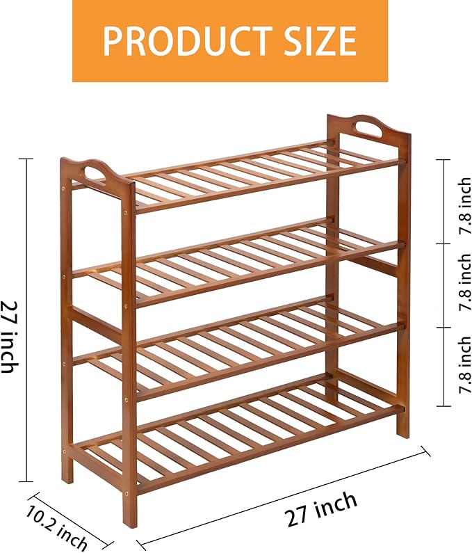 4 Tier Bamboo Shoe Rack, Free Standing Shoes Rack Shoe Shelf Shoe Organizer for Closet, Entryway, Bedroom, Living Room, Front Door, Studio, Bathroom