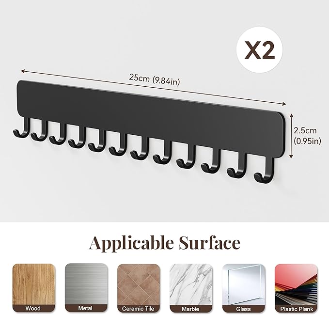 Wall-Mounted Jewelry Organizer, Self-Adhesive Hanging Holder with Hooks for Necklaces, Bracelets, Earrings - Display Storage for Women, 2PCS, Black