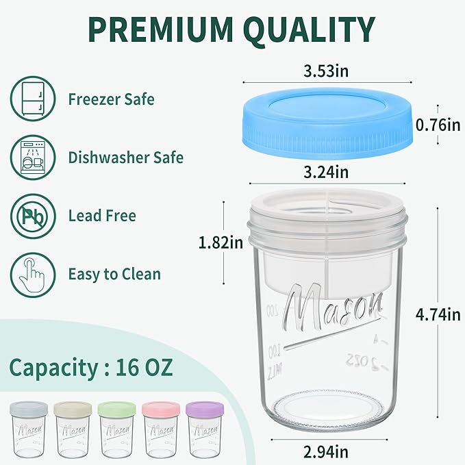 Xyptorix 16 oz Overnight Oats Containers with Lids, 6-Pack Leak-Proof Wide Mouth Mason Jars & Separate Compartments for Fruits/Nuts, Airtight Glass Jars for Chia Pudding, Yogurt, Parfait and Salad