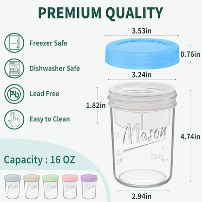 Xyptorix 16 oz Overnight Oats Containers with Lids, 6-Pack Leak-Proof Wide Mouth Mason Jars & Separate Compartments for Fruits/Nuts, Airtight Glass Jars for Chia Pudding, Yogurt, Parfait and Salad