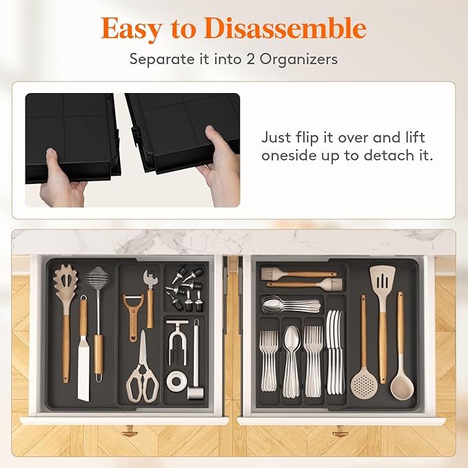 Lifewit Utensil Organizer for Kitchen Drawer, Expandable Cooking Silverware Tray, Adjustable Cutlery Flatware Holder, Plastic Spatula Tools Storage Divider, 21.3- 36 x 16.9", Black