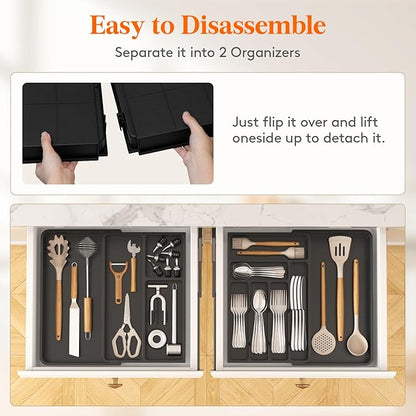 Lifewit Utensil Organizer for Kitchen Drawer, Expandable Cooking Silverware Tray, Adjustable Cutlery Flatware Holder, Plastic Spatula Tools Storage Divider, 21.3- 36 x 16.9", Black