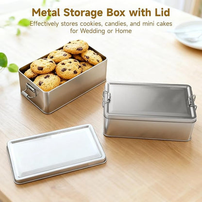 2 Pcs Metal Storage Box with Lid, 7.3 x 4.1 in Silver Rectangular Tinplate Box, Buckle Latch Box, Home Storage Container for Treats, Gifts, Small Items and Crafts