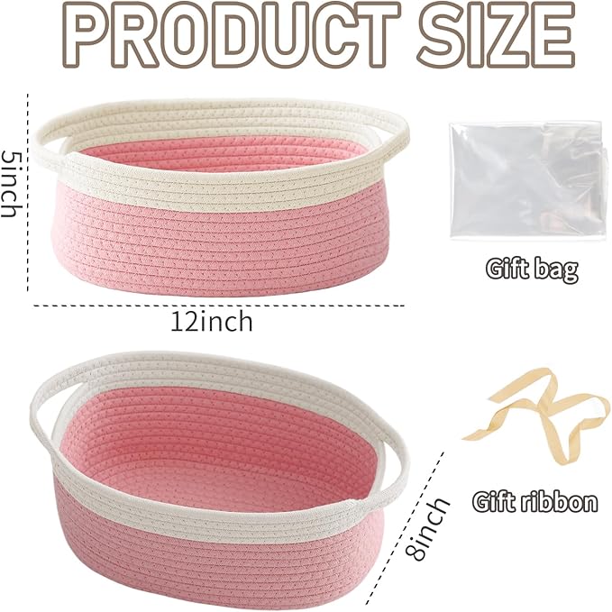 JMvicyroam Woven Basket,Small Rope Storage Bin with Handles & Ribbon Bag, Organizer for Shelves Closets,Gift Basket Empty for Birthday,Books,Dog Toys, White&Pink/2 Pack