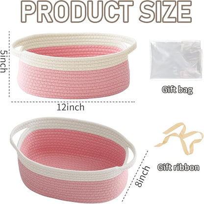 JMvicyroam Woven Basket,Small Rope Storage Bin with Handles & Ribbon Bag, Organizer for Shelves Closets,Gift Basket Empty for Birthday,Books,Dog Toys, White&Pink/3 Pack