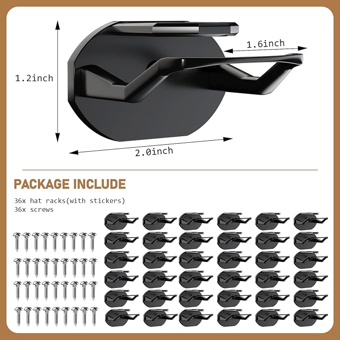 Niunuerga 36 Pack Adhesive Hat Hooks for Wall, Super Strong Hat Rack for Baseball Caps, Hat Organizer Display for Home Decor, Hat Hangers Holder for Wall, Door, Closet, No Drilling (Black)