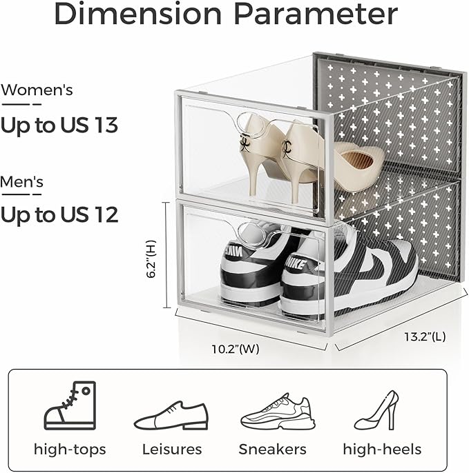 Pinkpum 15 Pack X-Large Shoe Storage Boxes Fit Size 11, Shoe Organizer for Closet Clear Plastic Stackable Shoe Dispaly Case Bins Holder, Sneaker Storage for Sneakerheads Gray