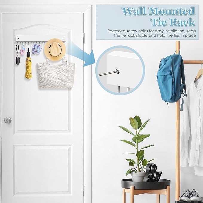 Tie Rack Belt Hanger Wall Mounted, Lomrsiul Non Slip 180 Degree Rotating Tie Organizer for Men Closet with 18 Hooks Closet Organizers and Storage for Tie Belt Necklace Purse Scarf Bag White 1 Pack