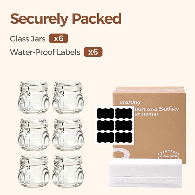 ComSaf 6-Pack 17oz Ribbed Glass Storage Jars with Airtight Clamp Lids, Decorative Wide Mouth Pint Canisters for Jam, Spices, Nuts, Coffee Beans, Snacks, Honey - Kitchen Pantry and Drawer Organization