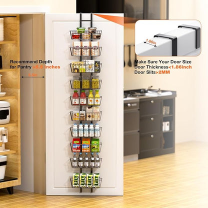 10 Tier Over the Door Pantry Organizer, Over the Door Organizer with Adjustable Baskets, Metal Hanging Door Pantry Organizers and Storage for Kitchen Bathroom Bedroom, Black