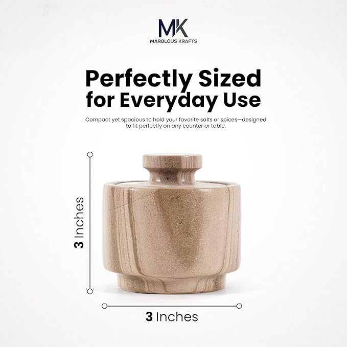 MARBLOUS KRAFTS Marble Salt Cellar 3" Inch Brown Salt Holder with Lid for Spice Jar & Stone Salt Container, Modern Sugar Bowl, Countertop Storage, Ideal Mother’s Day Gift, Home Decor