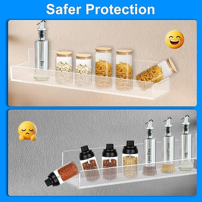 Clear Acrylic Spice Rack Wall Mounted 15 inch Floating Shelf with Removable End Guards for Kitchen Cabinet Door Cupboard Bathroom Holds Jars Nail Polish Books Toiletries 6 pcs