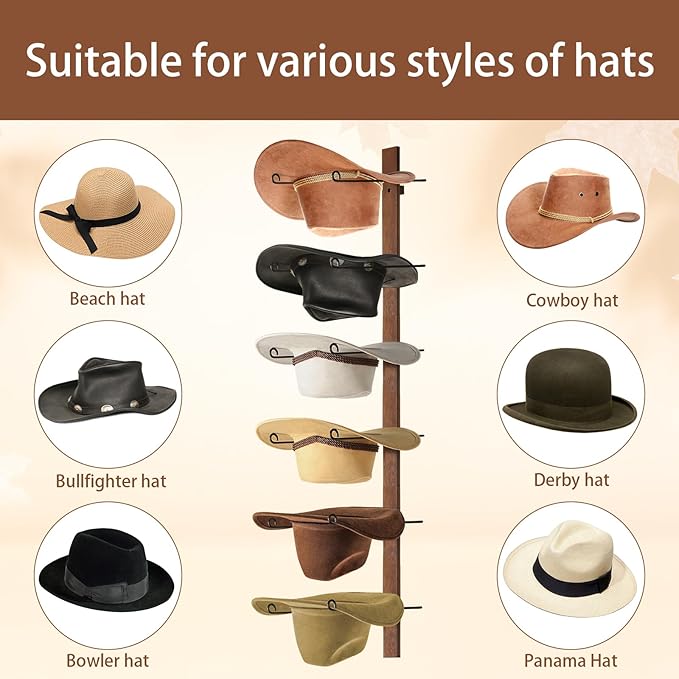 Cowboy Hat Rack, 6 Pieces Hat Rack for Cowboy Hats with Wooden Board, Metal Cowboy Hat Holder Wall Storage Hat Holder-Organize Western Hats with Style and Ease