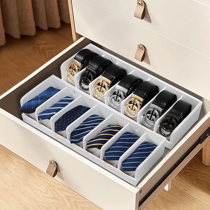 Belt Organizer for Drawer - Bamboo Belt Storage Organizer | Belt Rack for Closet Wall Mount Men Women Tie Sock Bra Scarf Ribbon(White, 7 Grids)