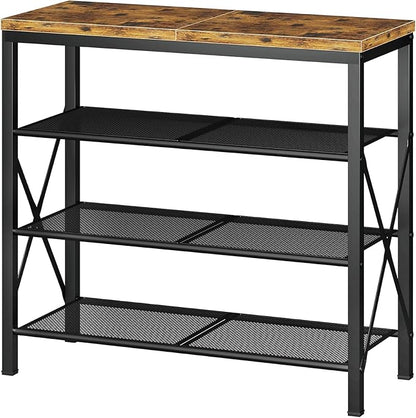 4 Tier Shoe Rack, Metal Shoe Organizer with Wooden Top, Shoe Shelf for Entryway Closet Door Entrance, Rustic Brown