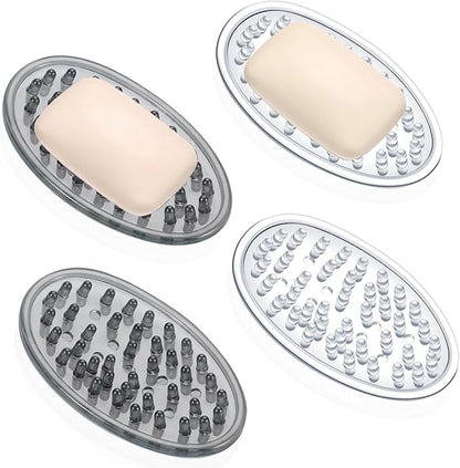 4 Pcs Plastic Soap Holder Soap Dish Bar Saver Tray with Holes Sponge Holder for Kitchen Bathroom Shower Counter, 4.5 x 3 x 0.7 Inches (Clear,Light Gray)