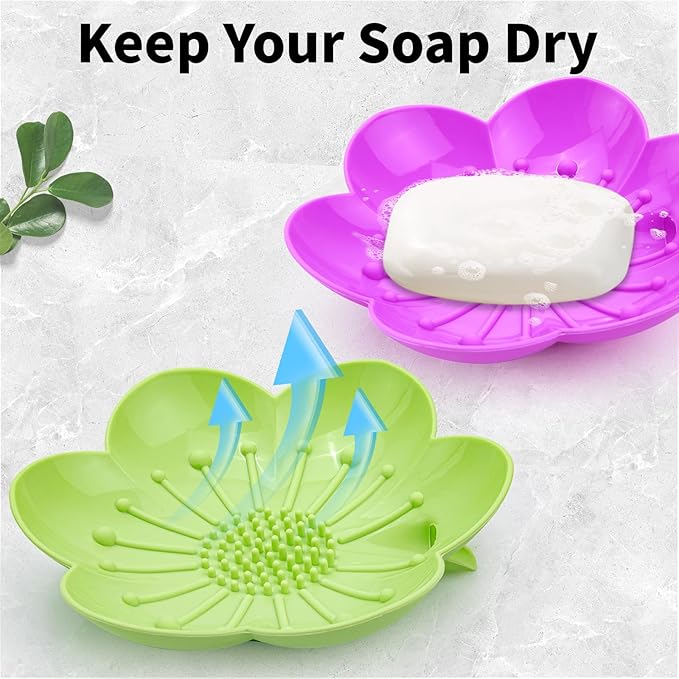Soap Dishes 2 Pack Self Draining XL Bar Shower Steamer Holder Tray, Silicone Flexible Flower Soap Saver for Counter Bathtub Sink Bathroom Decor with Drainage Mirror Surface Easy Clean Green/Rose Pink