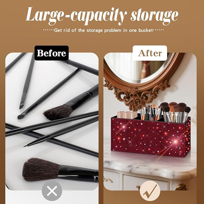 Bling Makeup Brush Holder Organizer, 3 Slot Sparkle Cosmetics Brushes Storage Holders with Shiny Rhinestones, Glitter Cute Pen and Pencil Holder for Desk, Eyeliners Display Case for Vanity（Wine Red）