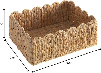 Scalloped Basket, Wicker Storage Baskets, Hand Woven Baskets for Shelves,Natural Baskets for Organizing (Water Hyacinth&M-14" L x 10.5" W x 6" H)